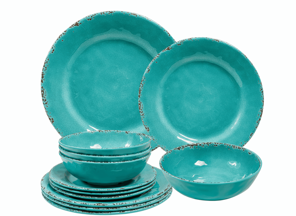 a group of blue plates and bowls